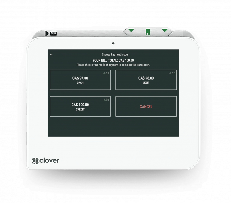 Clover mini terminal displaying dual pricing