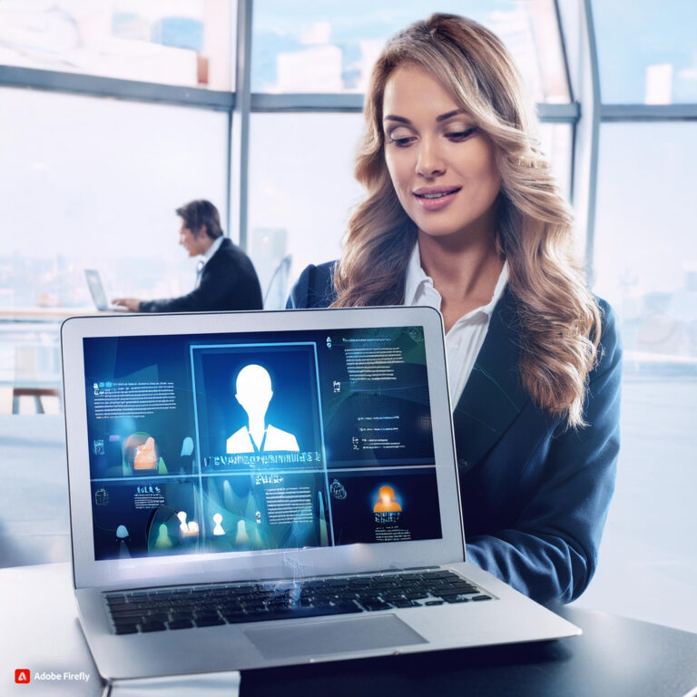 Woman looking at a laptop displaying a CRM